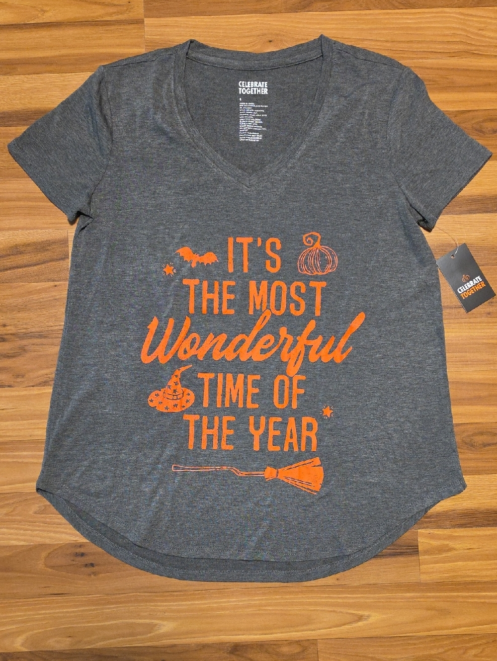 Celebrate Together Women's Gray V-Neck Tee with Orange Seasonal Graphic